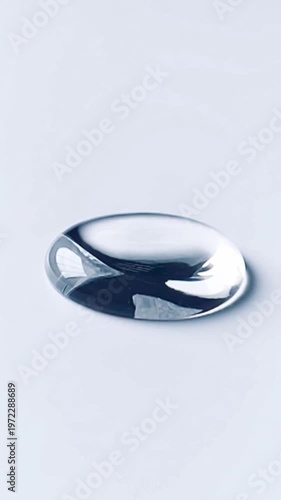 Macro view of a single crystal clear water drop isolated on a plain white background, showing surface tension and soft reflections on the rounded liquid bead for clean product design.