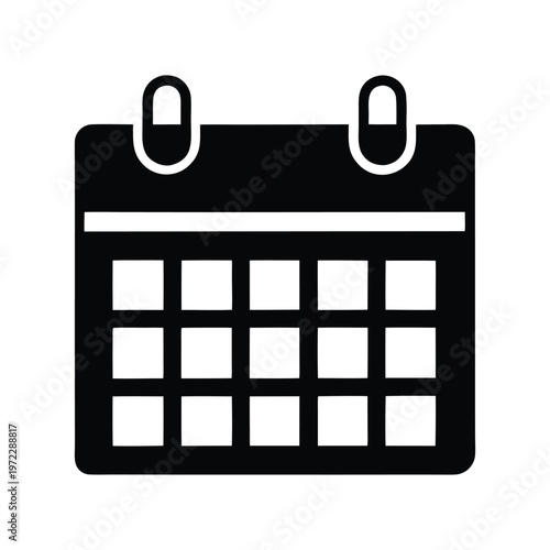 A black and white calendar icon with a grid layout and two clip attachments at the top. Vector