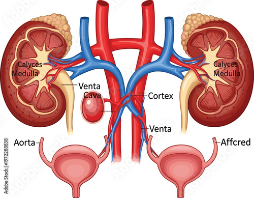 Detailed human kidney anatomy diagram with labeled cortex, medulla, calyces, renal vessels, aorta and urinary bladder system, medical education illustration isolated on white background