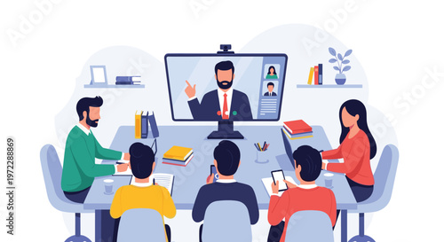 Group of business people having a professional video conference meeting with a remote colleague on a large computer screen.