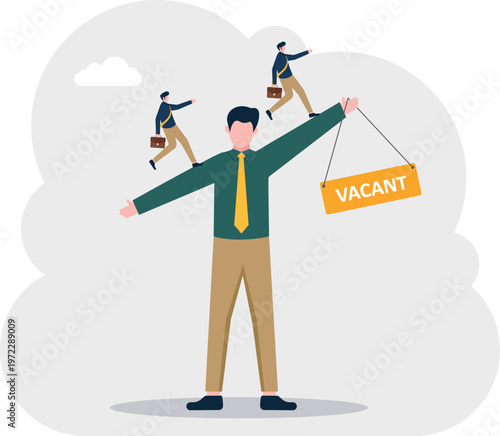 Giant professional lifting three small professionals with vacant sign