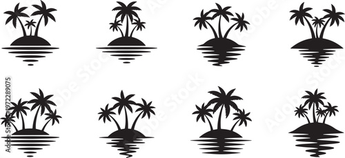 A curated set of stylized tropical island vector illustrations in black and white, embodying the concept of serene paradise and tranquil escapes, ideal for vacation-themed designs