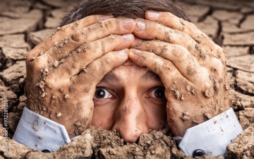 Surreal Concept of Hands Emerging from a Cracked Ground Environment