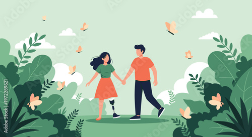 Loving couple holding hands and walking in a lush green park with butterflies representing inclusion and support.