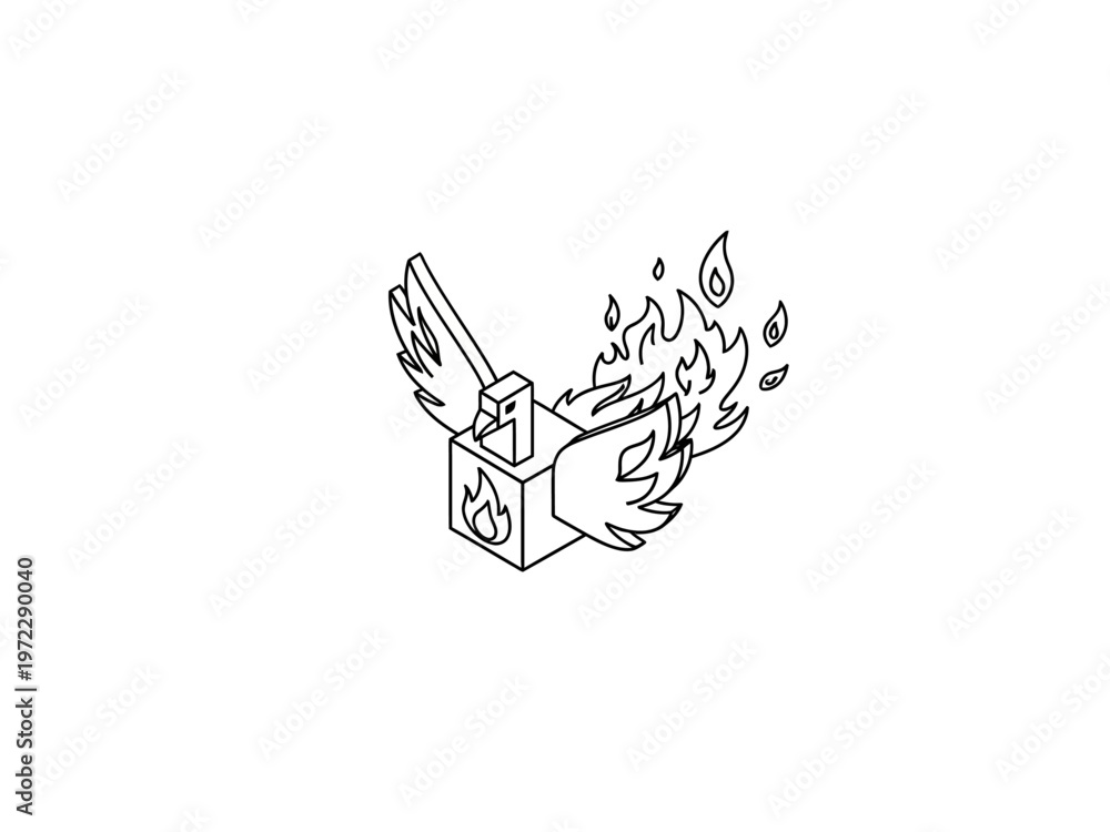 Fototapeta premium Isometric Cube with Wings and Flames.