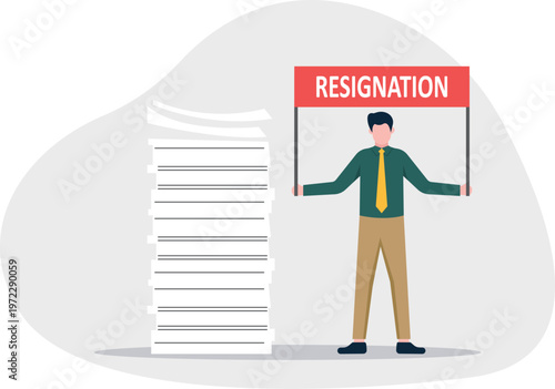 Professional holding a resignation sign next to a stack of papers