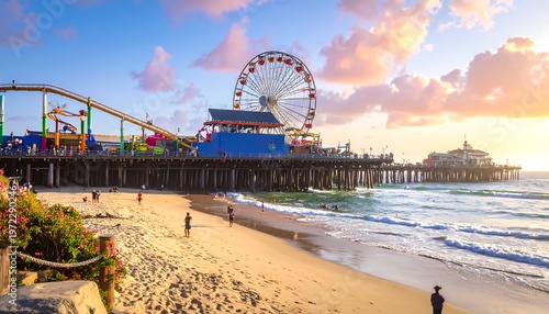 Santa Monica Pier at Sunset - A Coastal Amusement Park.