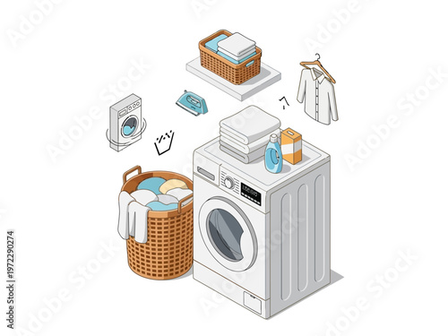 Isometric illustration of laundry room with washing machine and basket.