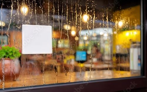 Rainy Day Cafe Window with QR Code Decal and Warm Interior Glow