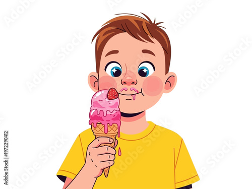 Young boy happily eating a strawberry ice cream cone.
