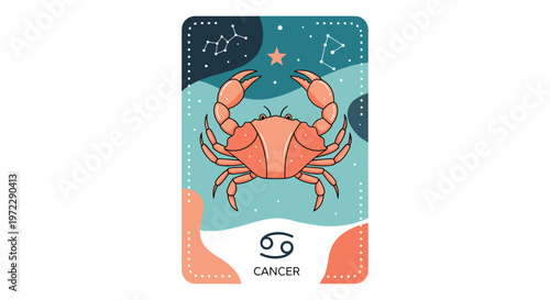 Stylized illustration of the Cancer zodiac sign featuring a bright orange crab on a celestial background with stars and constellations.