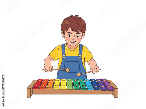 Young boy happily playing a colorful xylophone with mallets.