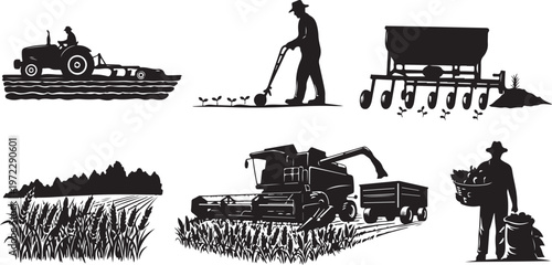Agricultural Silhouettes Farming Tools and Equipment in Black and White