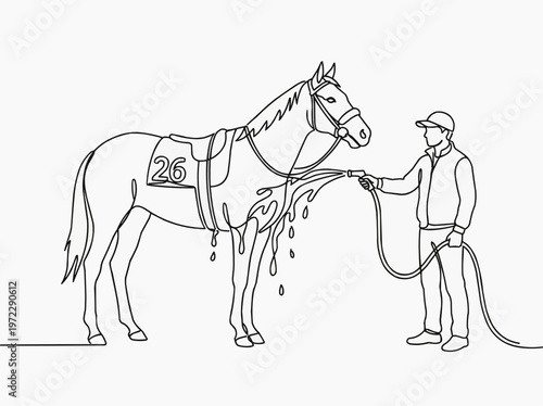 A horse being washed down by the caretaker, ready for the next race.
