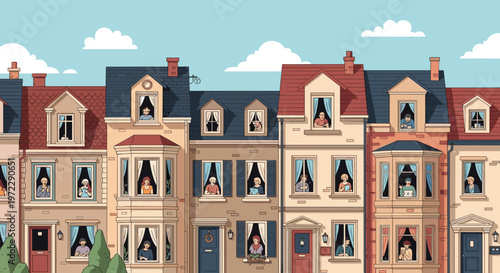 Charming pixel art illustration of a street with colorful row houses featuring diverse neighbors looking out their windows.