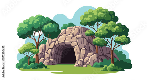 Mysterious rocky cave entrance nestled among lush green trees and bushes under a clear sky in a scenic nature landscape.