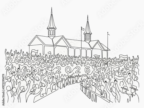 A lively scene of a racetrack filled with an animated crowd, with a classic architectural building in the backdrop. The excitement of the day is palpable, with figures cheering and waving