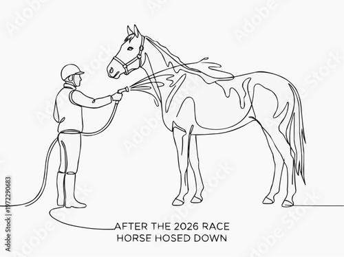 An illustration of a rider washing a racehorse after a race