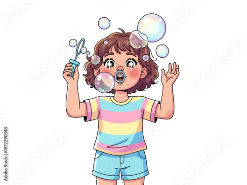 Young Girl Blowing Bubbles Joyfully Outdoors.