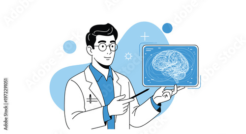 Professional doctor holding a high tech digital tablet displaying a detailed 3d brain scan for medical diagnosis and research.