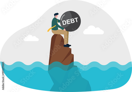 Professional sitting on a cliff in the sea with a debt ball