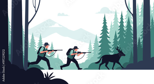 Two hunters with rifles and gear cautiously track a large deer silhouette through a foggy evergreen forest at dawn.