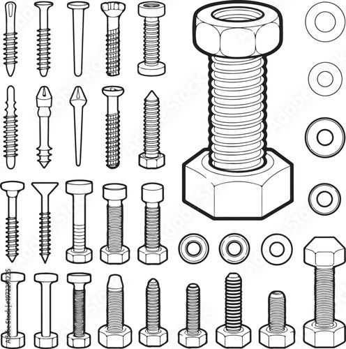 Comprehensive collection of various screws, bolts, and fasteners in detailed illustration