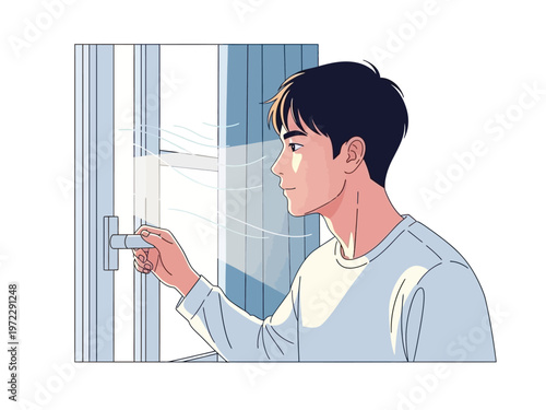 Young man opening a sliding glass door with sunlight streaming in.