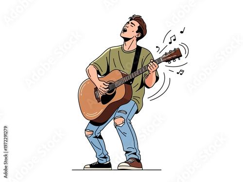 Young man playing acoustic guitar with passion and joy.