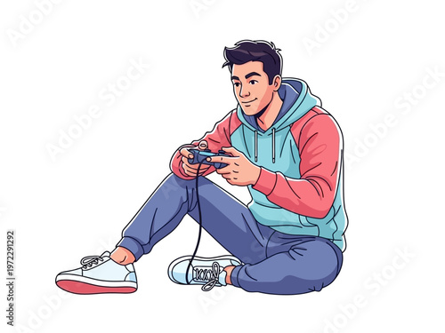 Young Man Playing Video Games Holding Controller.