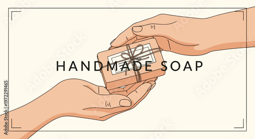 Close up of two pairs of hands exchanging a beautifully wrapped bar of handmade soap decorated with a string bow.