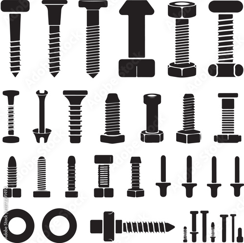 Comprehensive collection of various types of screws, bolts, and fasteners in black and white