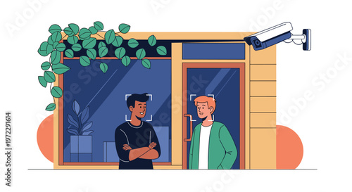 Modern security camera monitoring two men standing in front of a storefront with face recognition frames in a city setting.