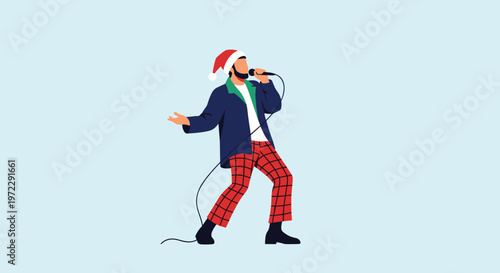 Energetic man wearing a Santa hat and plaid pants singing passionately into a microphone at a Christmas karaoke party.