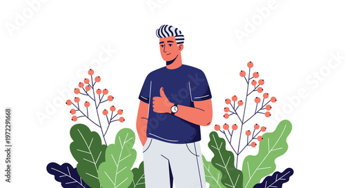 Positive man wearing a blue shirt and white pants gives a thumbs up while standing in a garden with colorful plants.