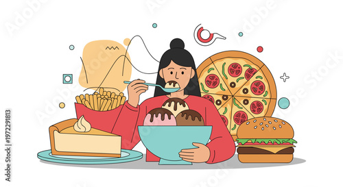 Young woman sitting at a table full of junk food including pizza, burger, fries, and a large bowl of ice cream.