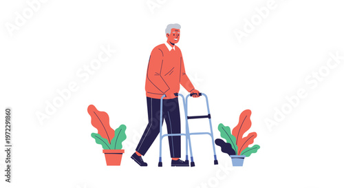 Smiling elderly man with gray hair using a silver walker for support while walking through a room with green plants.