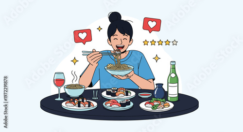 Happy woman using chopsticks to eat noodles at a table filled with various types of sushi and traditional drinks.