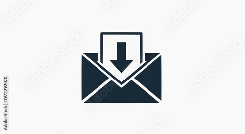 Minimalist email inbox icon, black envelope with incoming message arrow vector, digital communication and newsletter subscription symbol