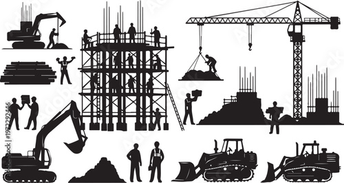Construction site with workers and heavy machinery in black silhouette