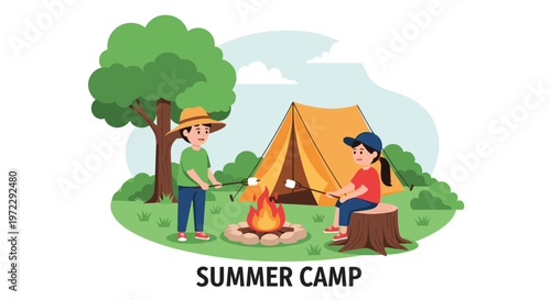 Two children roasting marshmallows over a small campfire in front of a yellow tent at a summer camp in the forest.
