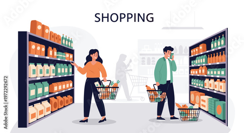 Diverse people shop for healthy groceries and household items in a well-stocked supermarket aisle with full shelves.