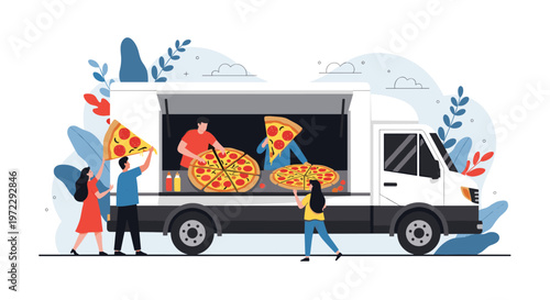 Street food truck serves giant slices of pepperoni pizza to hungry customers in a stylized outdoor park setting.