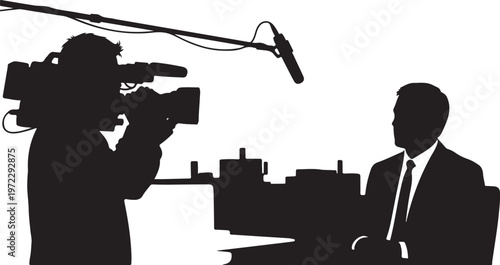Silhouette of businessman being interviewed on camera in city setting