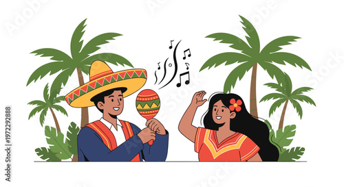 Joyful Mexican man wearing a sombrero plays maracas while a woman dances in a beautiful tropical park with palm trees.