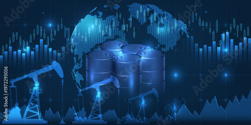 Foto Vector illustration of the globa oil crisis with financial growth charts,oil pump unit and tank for global economic artwork and backgrounds