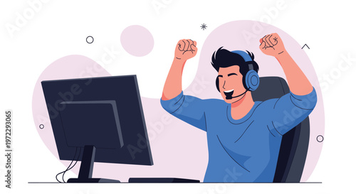 Enthusiastic male gamer wearing a blue hoodie and headset cheers with joy while winning a competitive video game.