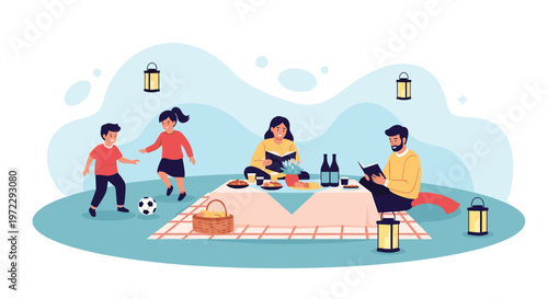 Happy family enjoys a late evening picnic outdoors with children playing soccer and parents reading by lantern light.