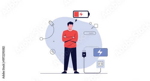 Exhausted man stands with crossed arms next to low battery and charging icons symbolizing mental and physical burnout.