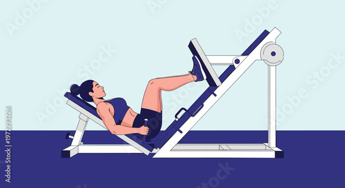 Strong woman performs a leg press exercise on a professional gym machine focusing on lower body strength training.
